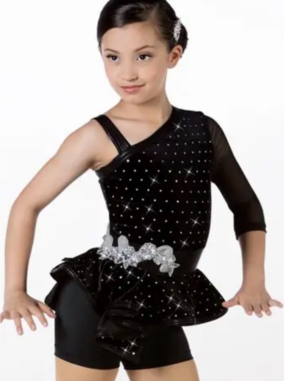 Weissman Black One-Shoulder Sparkle Dance Costume with Silver Accent